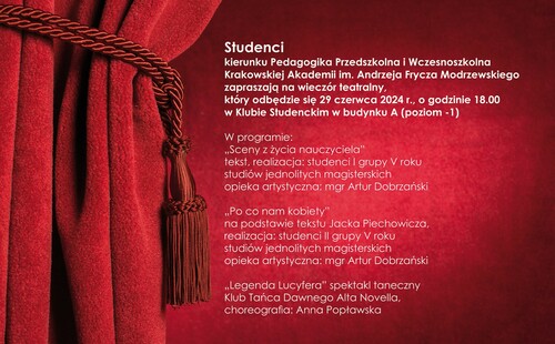 Zaproszenie na wieczór teatralny organizowany przez Studentów kierunku Pedagogika Przedszkolna i Wczesnoszkolna